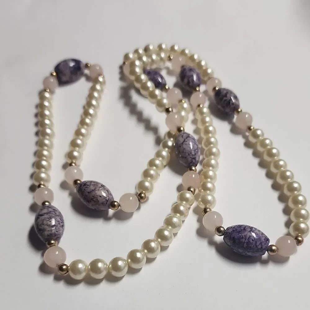 Elegant Faux Pearl Necklace With Stone Bead Accents Including Rose Quartz